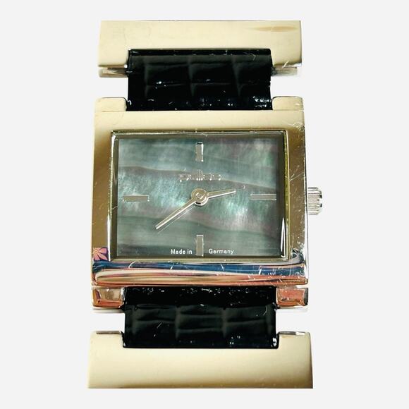 Pallas Watch Made in Germany Silver Tone Bezel Accents Face Black Leather Band - Picture 5 of 8